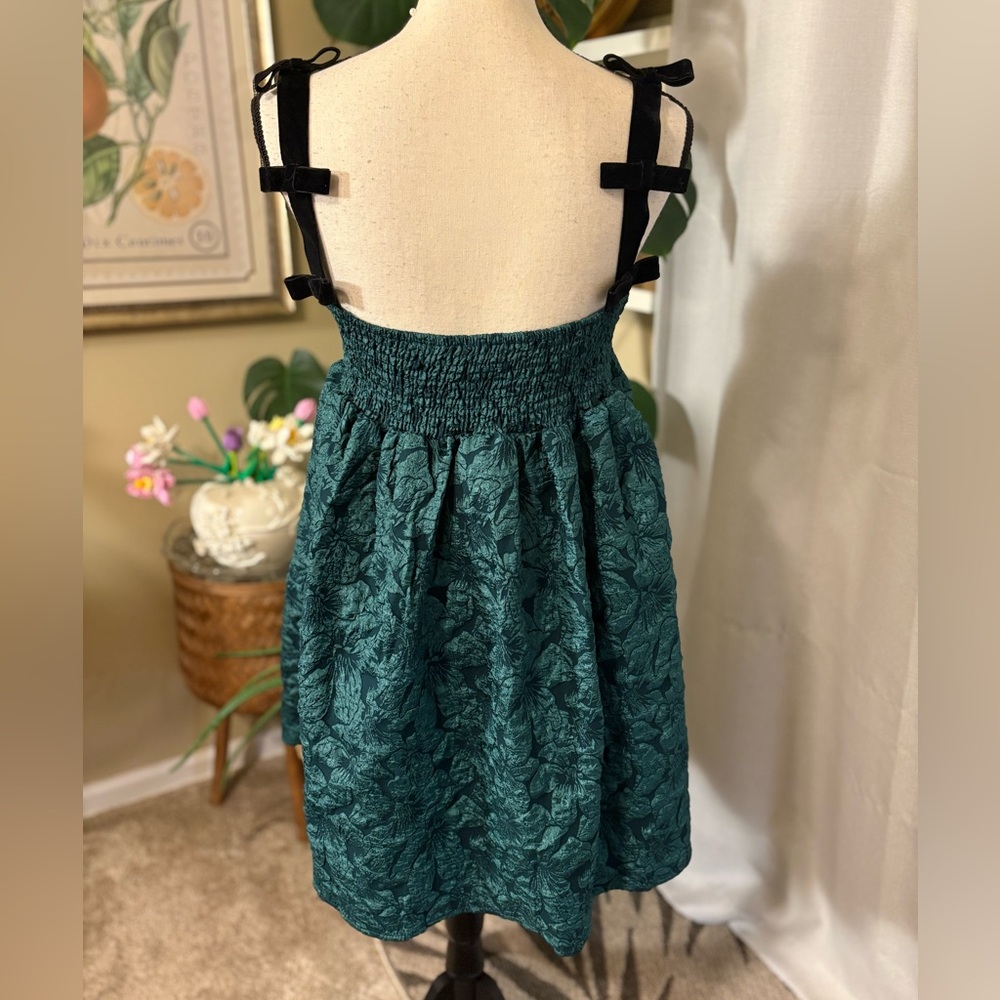 Emerald Green Mini Dress with Black Bow Velvet Straps - Picture 6 of 10